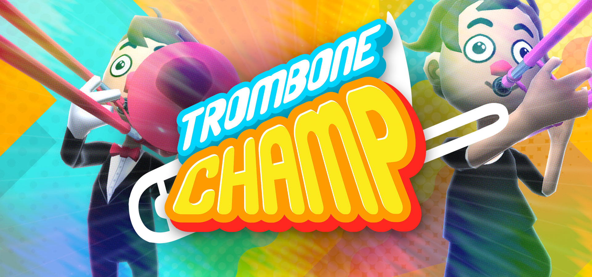 Trombone Champ hero image. Two trombone players on a colorful background with the logo in the foreground.